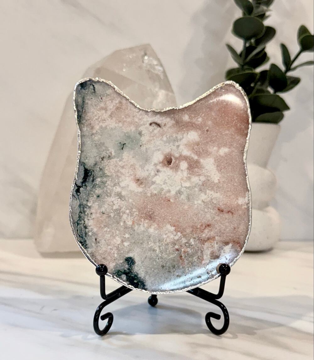 Pink Amethyst Cat Crystal Carving with Stand | Brazilian Crystal for Cat Lovers
